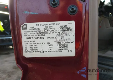 2004 Chevrolet Tahoe Z71 from USA, damaged, VIN 1GNEK13Z94R254587